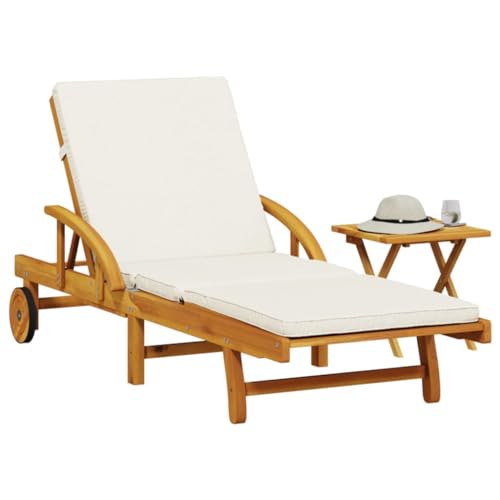 Akazie Sonnenliege mit Tisch und Auflage – Massivholz Gartenliege Klappbar, 5-fach Verstellbar mit Rollen, Wetterfest für Terrasse, Pool, Balkon – Braun mit Cremeweiß Kissen (110 kg Belastbarkeit) von WHOPBXGAD
