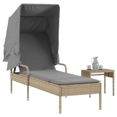 Beige Poly Rattan Sun Lounger with Adjustable Canopy & Side Table, Outdoor Daybed with Thick Cushion, 4-Position Recliner, UV-Resistant PE Wicker for Patio, Garden, Poolside (Max Load 110kg) von WHOPBXGAD