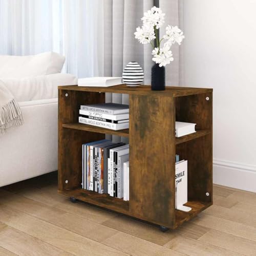 Beistelltisch Räuchereiche 70x35x55 cm Holzwerkstoff Side Table with Wheels - Modern Living Room Bedroom Accent Table with 2 Storage Shelves, Easy to Move & Clean, Sturdy Design for Home Decor von WHOPBXGAD