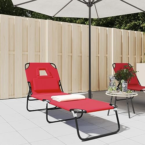 Folding Sun Lounger with Oxford Fabric & Powder-Coated Steel Frame, 5 Adjustable Positions, Portable Beach Chair for Poolside, Garden, Patio, Max Load 110kg, Red, Includes Face Hole & Pillow Folding Sun Lounger with Oxford Fabric & Powder-Coated Steel Frame, 5 Adjustable Positions, Portable Beach Chair for Poolside, Garden, Patio, Max Load 110kg, Red, Includes Face Hole & Pillow von WHOPBXGAD