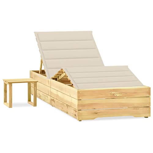 Garden Sun Lounger with Side Table & Cushion Adjustable Reclining Pine Wood Outdoor Chaise Lounge for Patio, Poolside Backyard Weatherproof & Durable with Cream White Polyester Pad (198x90cm) von WHOPBXGAD