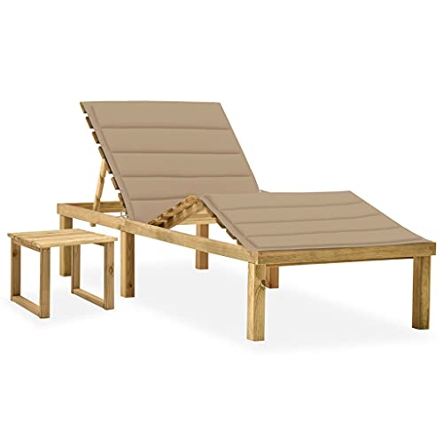 Garden Sun Lounger with Table and Cushion - Adjustable Reclining Pine Wood Chaise Lounge for Patio, Poolside, Terrace Weatherproof Outdoor Furniture with Side Table for Drinks & Accessories von WHOPBXGAD
