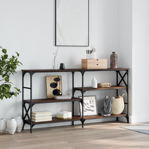 Konsolentisch Braun Eichen-Optik 150 cm Flurtisch mit Stauraum, Stahlrahmen & verstellbaren Beinen, Holzwerkstoff Sofatisch für Wohnzimmer & Eingangsbereich, Moderner Dielentisch 150x29x76,5 cm von WHOPBXGAD
