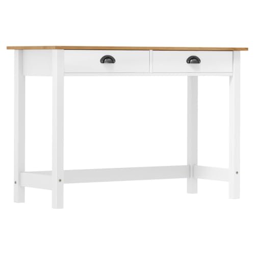 Konsolentisch Hill with 2 Drawers 110x45x74 cm Solid Pine Wood, Slim Console Table for Living Room Hallway, White & Natural Finish, Compact Makeup Desk with Smooth Gliding Drawers and Cup Handles von WHOPBXGAD