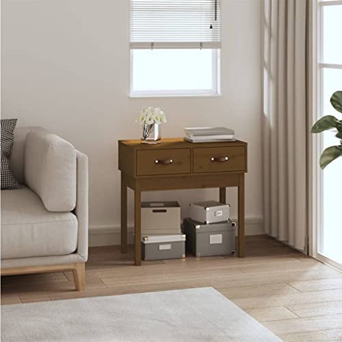 Konsolentisch Honigbraun 76, 5x40x75 cm Massivholz Kiefer mit 2 Schubladen - Rustikaler Flurtisch für Wohnzimmer Schlafzimmer Stabiler Kiefernholz Couchtisch mit Wandhalterung Deko & Pflanzen von WHOPBXGAD