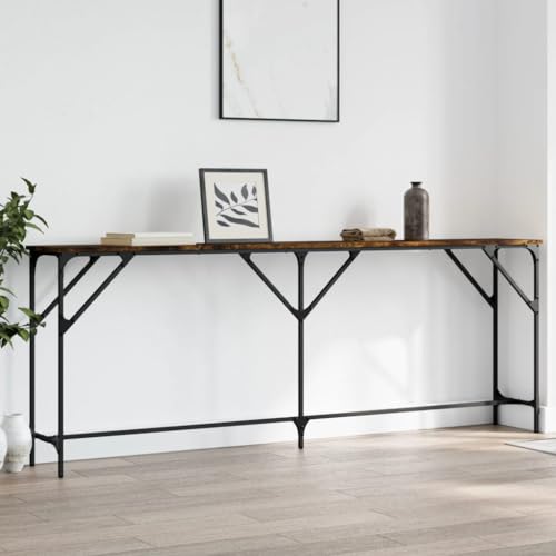 Konsolentisch Räuchereiche 200x29x75 cm Holzwerkstoff with Metal Frame, Adjustable Legs & Wall Bracket Elegant Console Table for Hallway, Living Room Entrance, Durable & Stable Design for Home Decor von WHOPBXGAD