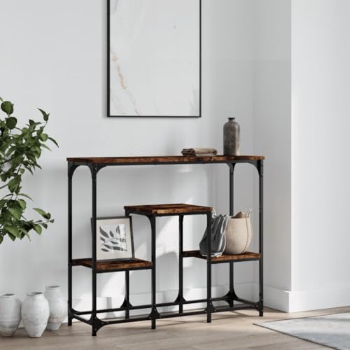 Konsolentisch Räuchereiche 89.5x28x76 cm Holzwerkstoff Side Table with Storage Shelf, Sturdy Steel Frame, Modern Console Table for Living Room Hallway Entryway, Easy Assembly, Black Powder Coated von WHOPBXGAD