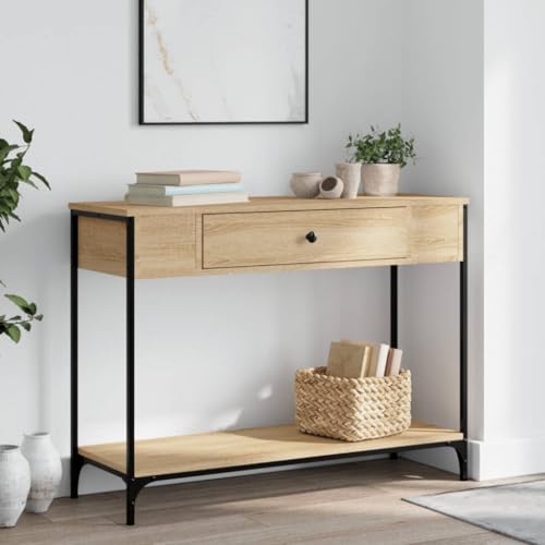 Konsolentisch Sonoma-Eiche 100x34,5x75 cm Holzwerkstoff - Elegant Console Table for Hallway Living Room with Adjustable Legs, Metal Frame & Large Storage Space, Durable Engineered Wood Surface von WHOPBXGAD