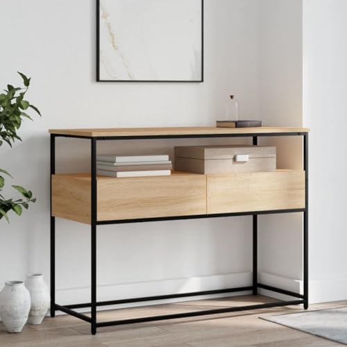 Konsolentisch Sonoma-Eiche 100x40x75 cm Holzwerkstoff, Modern Console Table with Metal Frame, Adjustable Legs & Storage Space for Hallway, Living Room, Entryway, Durable Engineered Wood Design von WHOPBXGAD