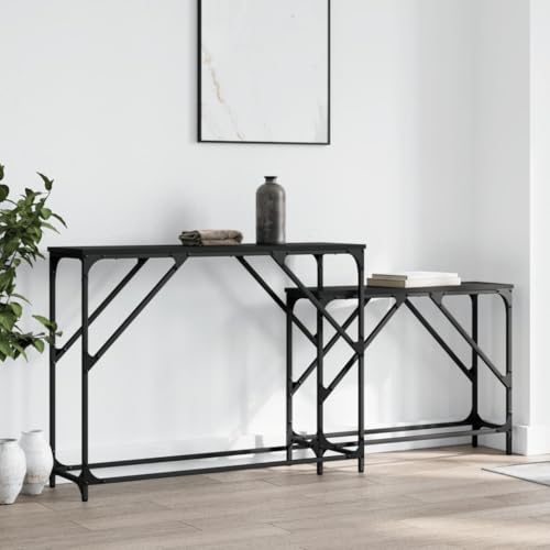 Konsolentische 2 Stk. Schwarz Holzwerkstoff - Nesting Console Tables Set of 2, Industrial Metal Frame, Space Saving Design for Living Room, Entryway, Hallway Durable & Waterproof Easy to Clean von WHOPBXGAD