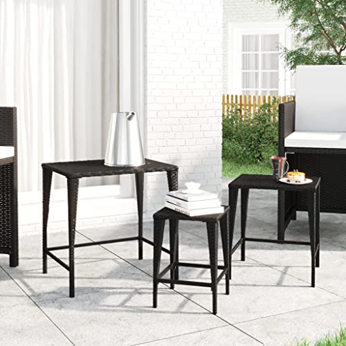 Satztische 3 STK. Schwarz Poly Rattan Outdoor Indoor Beistelltische Set, Wetterfest & Stabil mit PE-Rattan & Stahlrahmen, 3 Größen (60x45x60cm, 45x38x52cm, 30x30x45cm), Garten Balkon Wohnzimmer von WHOPBXGAD