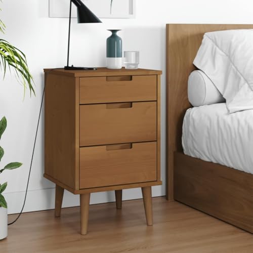 Scandinavian Nightstand MOLDE Brown 40x35x65 cm Solid Pine Wood with 3 Drawers, UV Lacquered Finish, Rustic Bedside Table for Bedroom Decor von WHOPBXGAD