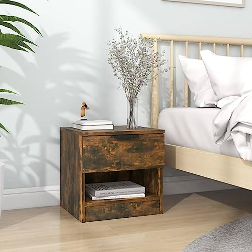 Smoked Oak Nightstand with Drawer, Modern Bedside Table with Storage Shelf, Sturdy Engineered Wood Night Table for Bedroom Living Room, 40x39x40cm von WHOPBXGAD