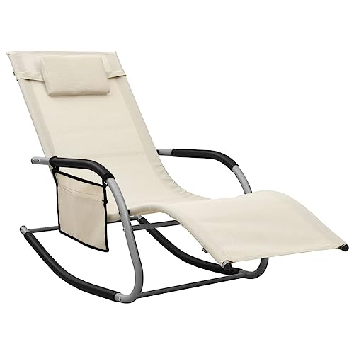 Sonnenliege Textilene Outdoor Lounge Chair with Removable Side Pocket and Cushion, Weather-Resistant Powder-Coated Steel Frame, Cream and Gray for Garden, Beach, Pool von WHOPBXGAD