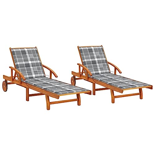 Sonnenliegen 2 Stk. mit Auflagen Massivholz Akazie, Outdoor Lounger Set with Adjustable Backrest, Wheels & Cushions, Foldable Sunbed for Garden, Pool, Patio, Weatherproof Acacia Wood Sun Lounger von WHOPBXGAD