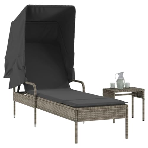 Sun Lounger with Adjustable Canopy and Side Table Gray PE Rattan Outdoor Lounge Chair for Patio Garden Poolside Relaxation 4-Position Recliner with Thick Cushion Weather-Resistant Poly Rattan von WHOPBXGAD