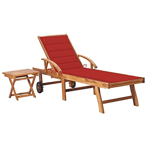 Teak Wood Sun Lounger with Side Table and Cushion, Adjustable Reclining Garden Lounge Chair for Patio, Poolside, Outdoor Relaxation, 3-Position Backrest, 4-Level Footrest, Wheels for Easy Mobility von WHOPBXGAD