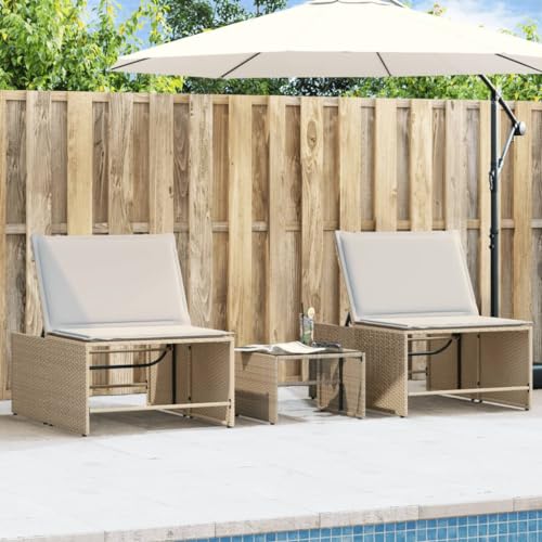 WHOPBXGAD 2 Pack Beige Poly Rattan Sun Loungers with Glass Table Set, Adjustable Reclining Garden Chairs with Removable Cushions, Weather-Resistant PE Wicker Outdoor Furniture for Patio Poolside WHOPBXGAD 2 Pack Beige Poly Rattan Sun Loungers with Glass Table Set, Adjustable Reclining Garden Chairs with Removable Cushions, Weather-Resistant PE Wicker Outdoor Furniture for Patio Poolside von WHOPBXGAD
