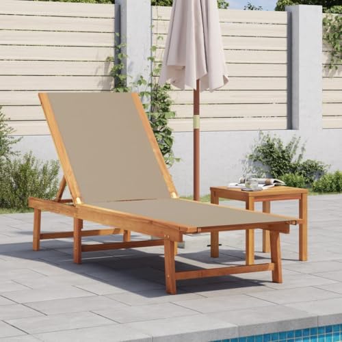 WHOPBXGAD Adjustable Sun Lounger Taupe Solid Wood Acacia with Textilene Fabric, 5-Position Reclining Outdoor Lounge Chair for Patio Garden Poolside, Weather-Resistant Durable Sunbed with Backrest von WHOPBXGAD
