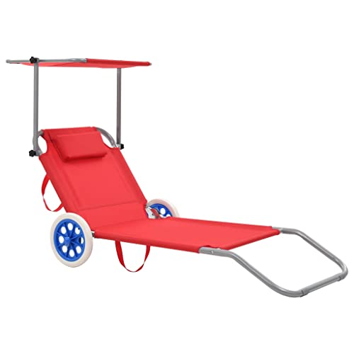 WHOPBXGAD Foldable Sun Lounger with Adjustable Canopy & Wheels, Steel Frame & Red 600D Polyester Fabric, Portable Beach Garden Chair, Max Load 120kg, Includes Headrest WHOPBXGAD Foldable Sun Lounger with Adjustable Canopy & Wheels, Steel Frame & Red 600D Polyester Fabric, Portable Beach Garden Chair, Max Load 120kg, Includes Headrest von WHOPBXGAD