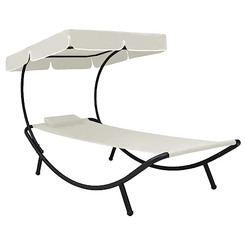 WHOPBXGAD Garden Sun Lounger with Canopy & Cushion Cream White Outdoor Lounge Chair for Patio, Beach Backyard Weatherproof Oxford Fabric Powder-Coated Steel Frame - Easy Assembly (200x90x112cm) von WHOPBXGAD