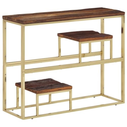 WHOPBXGAD Golden Console Table with Stainless Steel Frame and Solid Wood Top - Modern Entryway Table for Hallway, Living Room - Sturdy, Easy to Clean, Spacious Surface (90x30x70cm) von WHOPBXGAD