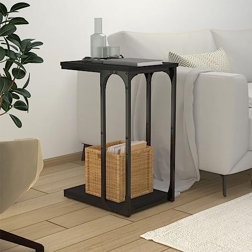 WHOPBXGAD Industrial Side Table Black 40x30x60 cm with Storage Shelf, Modern C-Shaped End for Living Room & Bedroom, Sturdy Wood Particle Board & Steel Frame, Compact Sofa Table for Small Spaces von WHOPBXGAD