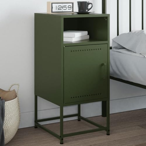 WHOPBXGAD Industrial Style Nightstand Olive Green 36x39x78 cm Steel Bedside Table with Storage Drawer for Bedroom Living Room Office Multifunctional Side Table von WHOPBXGAD