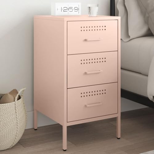 WHOPBXGAD Industrial Style Pink Nightstand with 3 Drawers, 36x39x68 cm Steel Bedside Table for Bedroom Living Room, Adjustable Feet, High Storage Capacity von WHOPBXGAD