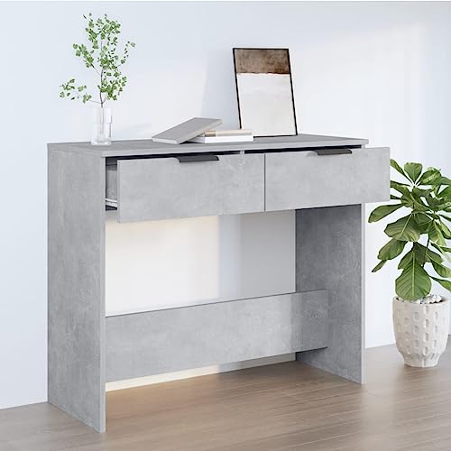 WHOPBXGAD Konsolentisch Betongrau 90x36x75 cm Moderner Flurtisch mit 2 Schubladen & Stauraum Schlankes Design für Wohnzimmer, Eingangsbereich Stabile Holzwerkstoff-Konsole für Deko, Schlüssel & mehr von WHOPBXGAD