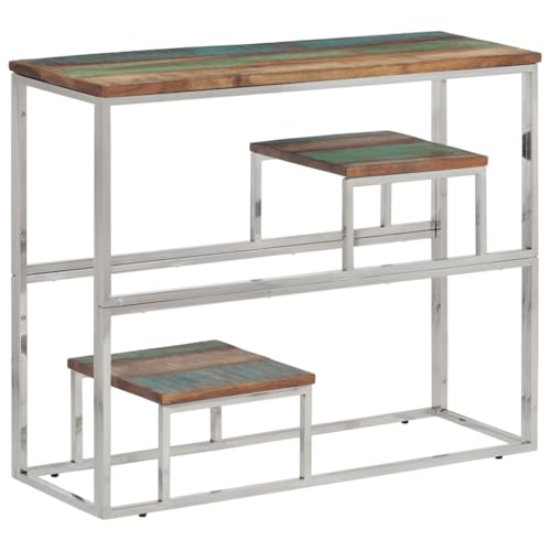 WHOPBXGAD Konsolentisch Silbern Modern - Edelstahl Gestell Massiv Altholz Platte Wohnzimmer Flur Tisch 90x30x70 cm Robust Stabil Pflegeleicht - Einzigartiges Design für Deko Vasen Pflanzen von WHOPBXGAD