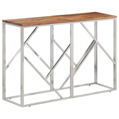 WHOPBXGAD Konsolentisch Silbern Moderner Flur Tisch mit Edelstahlgestell und Massivholz Akazie, Schlankes Design für Wohnzimmer, Eingangsbereich, 110 x 30 x 70 cm, Robust & Pflegeleicht von WHOPBXGAD