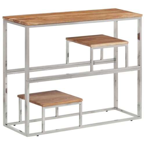 WHOPBXGAD Konsolentisch Silbern Moderner Flurtisch mit Edelstahlgestell und Massivholz Akazie 90cm Länge - Robuster Wohnzimmer Tisch für Deko & Pflanzen, Einfache Reinigung, Schlichtes Design von WHOPBXGAD