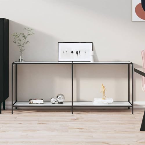WHOPBXGAD Konsolentisch Weiß 180x35x75,5 cm Hartglas Flur Tisch mit Stahlgestell, Moderner Sideboard Tisch für Wohnzimmer & Eingangsbereich, Stabile Ablage mit Untergestell, Leicht zu Reinigen von WHOPBXGAD