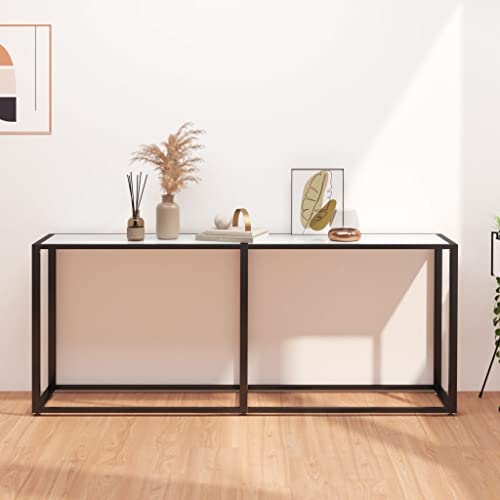 WHOPBXGAD Konsolentisch Weiß Marmor-Optik 180x35x75,5 cm Hartglas Beistelltisch Wohnzimmer Sideboard Moderner Couchtisch mit Stahlgestell Stabile Glasplatte Einfache Reinigung von WHOPBXGAD