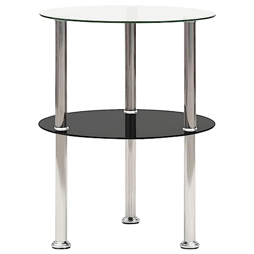 WHOPBXGAD Modern 2-Tier Side Table with 2 Shelves, Transparent & Black 38cm Tempered Glass, Round End Table for Living Room, Bedroom, Sturdy Stainless Steel Frame, Space-Saving Design von WHOPBXGAD