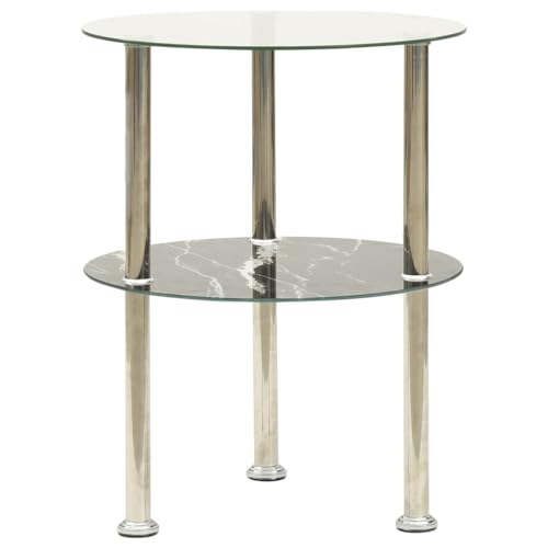 WHOPBXGAD Modern 2-Tier Side Table with Marble Look 38cm Tempered Glass & Stainless Steel, Round Coffee with Storage Shelf for Living Room, Black Transparent End Table, Sturdy & Durable Design von WHOPBXGAD