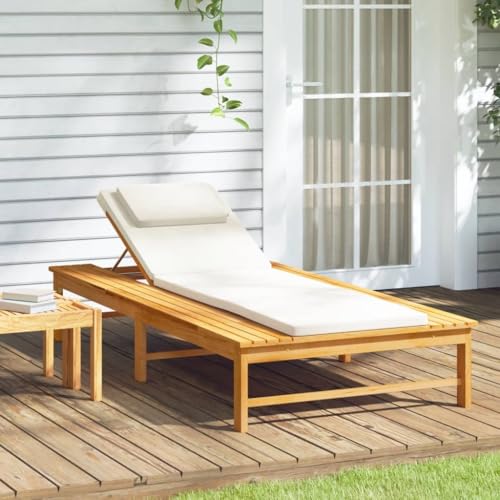 WHOPBXGAD Premium Acacia Wood Sun Lounger with Cream White Cushion & Padded Mattress, Adjustable Backrest 4 Positions, Outdoor Garden Patio Poolside Relaxation, Durable Hardwood Lounge for von WHOPBXGAD