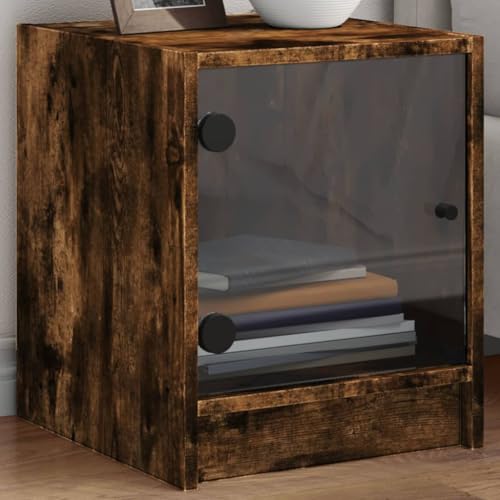 WHOPBXGAD Smoked Oak Nightstand with Glass Door 35x37x42 cm, Bedside Table with Storage Shelf, Modern Bedroom Furniture with Display Cabinet for Living Room von WHOPBXGAD