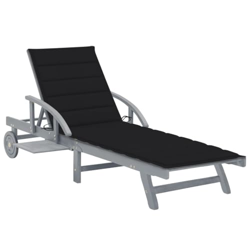 WHOPBXGAD Sonnenliege mit Auflage Akazie Massivholz Grau - Verstellbare Relaxliege für Garten, Terrasse Pool mit Ablage, Kissen Rädern - Outdoor-Liege aus robustem Akazienholz 200x68 cm von WHOPBXGAD