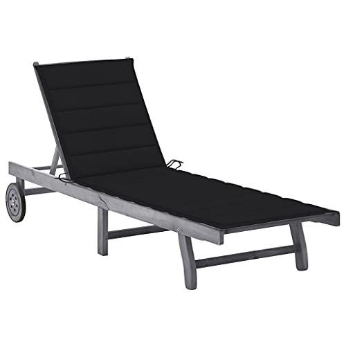 WHOPBXGAD Sonnenliege mit Auflage Grau Akazie Massivholz - Verstellbare Relaxliege für Garten, Terrasse Poolbereich Robuste Holzliege mit 2 Rädern Komfortabler Schwarz Polster - Outdoor Lounge Möbel von WHOPBXGAD