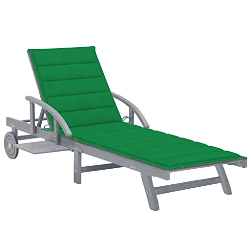 WHOPBXGAD Sonnenliege mit Auflage aus Massivholz Akazie Grau - Verstellbare Relaxliege für Garten, Terrasse Pool mit Ablage, Kissen Rädern - Outdoor-Liege 200x68cm von WHOPBXGAD