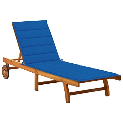 WHOPBXGAD Sonnenliege mit Auflage aus Massivholz Akazie - Verstellbare Relaxliege für Garten, Terrasse Pool mit Ablage und Rollen - Bequeme Outdoor-Liege in Königsblau (200x60cm) von WHOPBXGAD