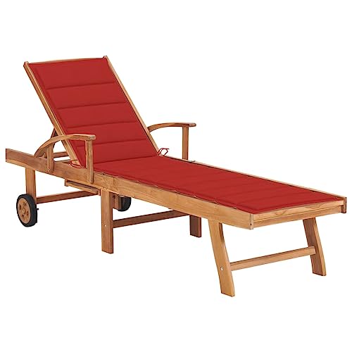 WHOPBXGAD Teak Wood Sun Lounger with Red Cushion, Adjustable Backrest & Wheels, Outdoor Poolside Garden Lounge Chair for Patio, Terrace, Durable Weather-Resistant Solid Hardwood Sunbed von WHOPBXGAD