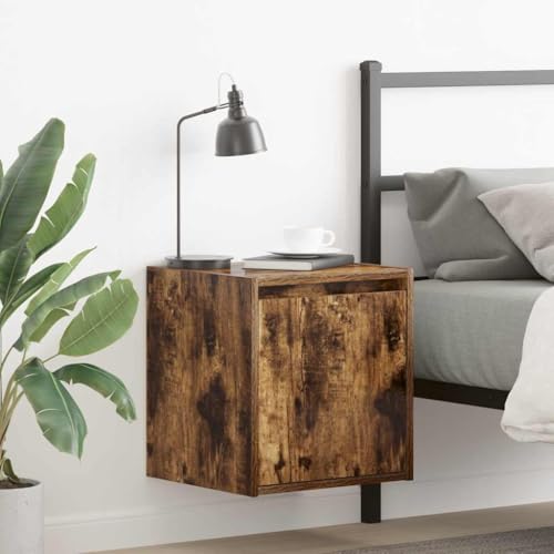 WHOPBXGAD Wall Mounted Nightstand Smoked Oak 38x34x40 cm Floating Bedside Table with Storage Shelf Modern Bedroom Furniture Space Saving Design von WHOPBXGAD