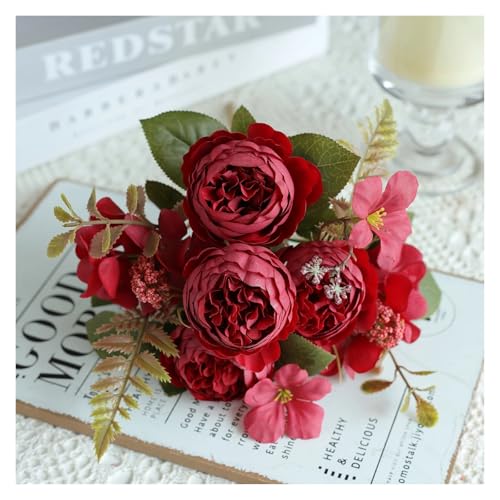 1PC Künstliche Blumen Hochzeit Hause Schlafzimmer Dekoration Brautstrauß Garten Gefälschte Seide Pfingstrose Hortensien Vase for Board Im Freien(Rosso) von WHSDCZ