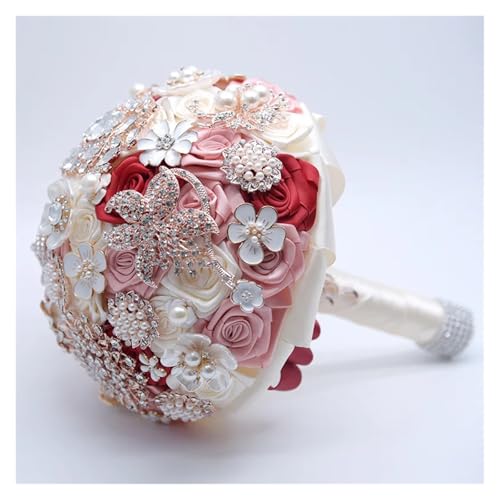 Seidenhochzeitsblumen Strassschmuck Blush Pink Brosche Bouquet Gold Brosche Brautkleid Hochzeitsstrauß(Wine Red) von WHSDCZ