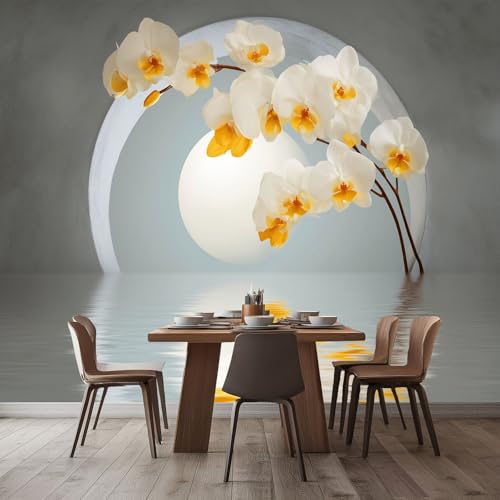 WHUOEUCO 3D Fototapete Orchidee Spiegelbild Mond 400x280 cm Foto Tapete Vlies Wandtapete, Modern 3D Effekt Motivtapeten für Wohnzimmer, Schlafzimmer, Kinderzimmer von WHUOEUCO