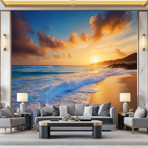 WHUOEUCO 3D Fototapete Strand Sonnenuntergang Meer 250x175 cm Foto Tapete Vlies Wandtapete, Modern 3D Effekt Motivtapeten für Wohnzimmer, Schlafzimmer, Kinderzimmer von WHUOEUCO