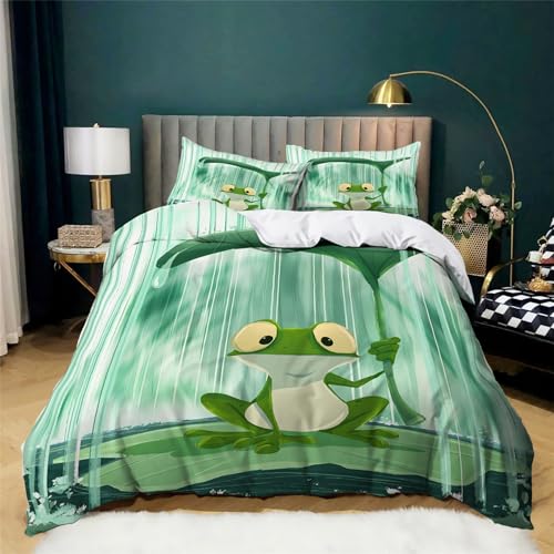 WHUOEUCO Bettwäsche 3 Teilig Cartoon-Frosch Grün 180 x 200 cm Bettwäsche Set 2 Kissenbezüge 80x80 cm, Bettbezug mit Reißverschluss Atmungsaktive Ganzjahresbettwäsche von WHUOEUCO